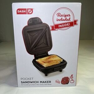 DASH Pocket Sandwich Maker 4.5" Surface w/‎ Recipes RED Non-Stick Griddle 420W